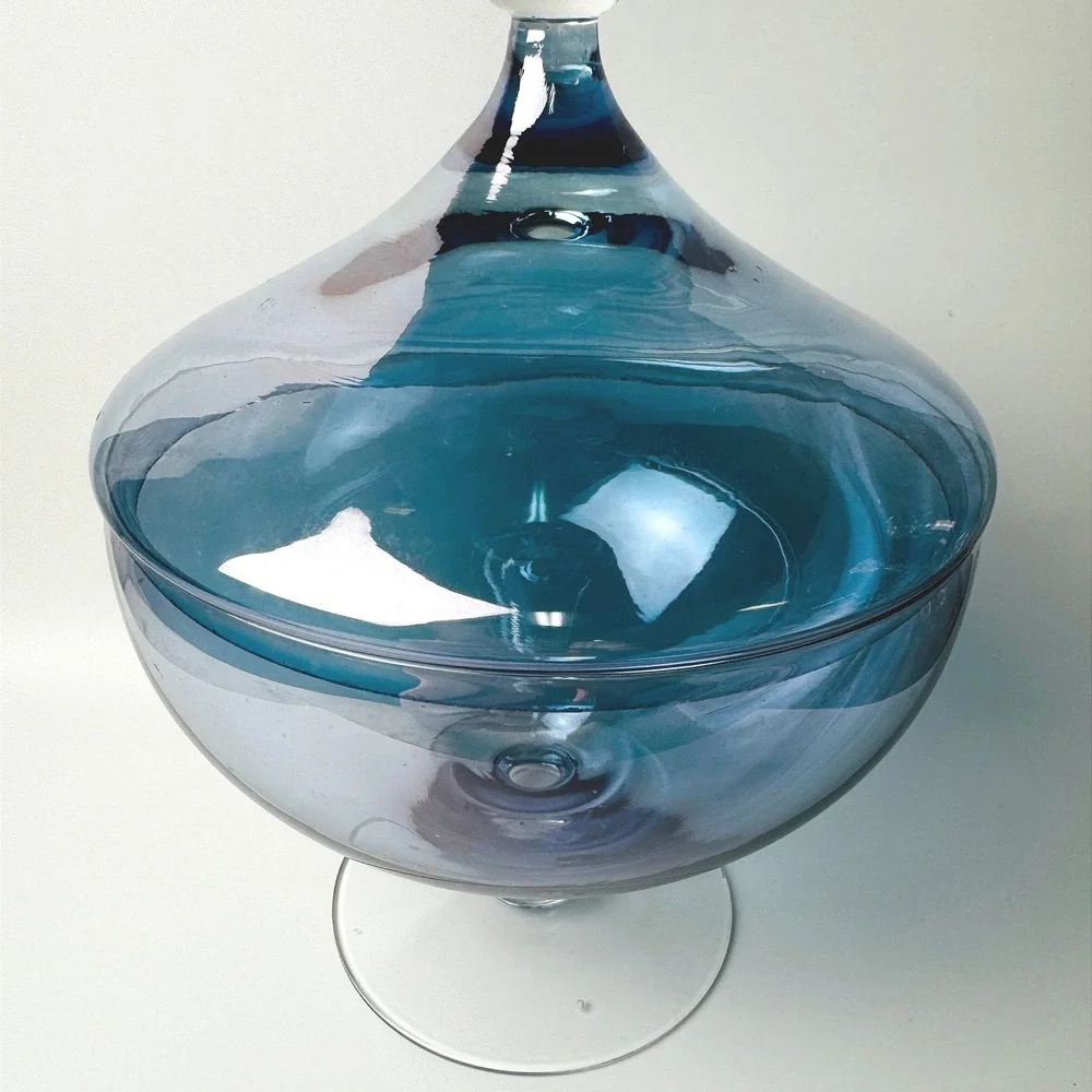 Vintage Empoli Style Blue Blown Glass Covered Compote Pedestal Candy Dish MCM